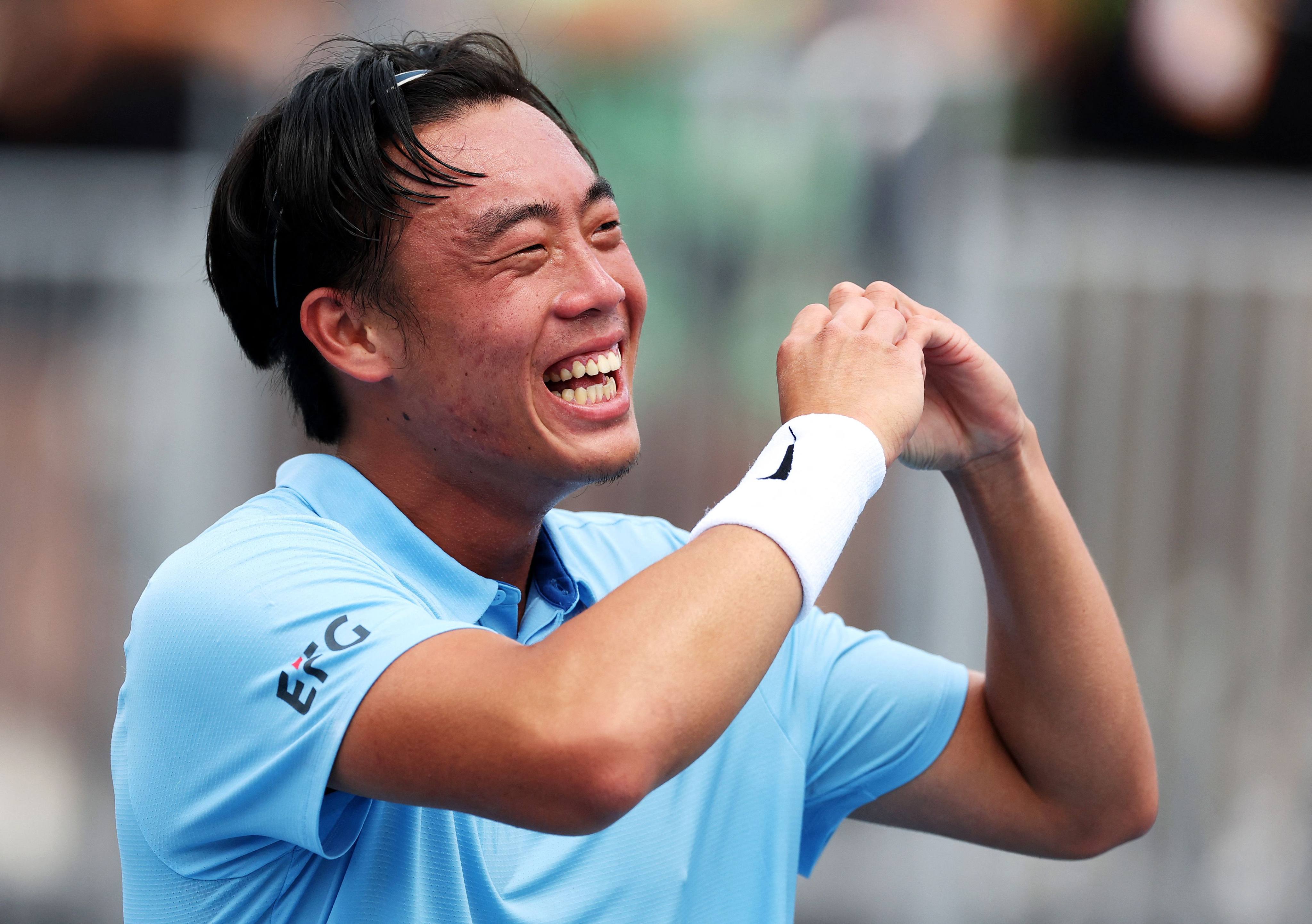 An emotional Coleman Wong celebrates after beating Ben Shelton at the Miami Open. Photo: Getty Images