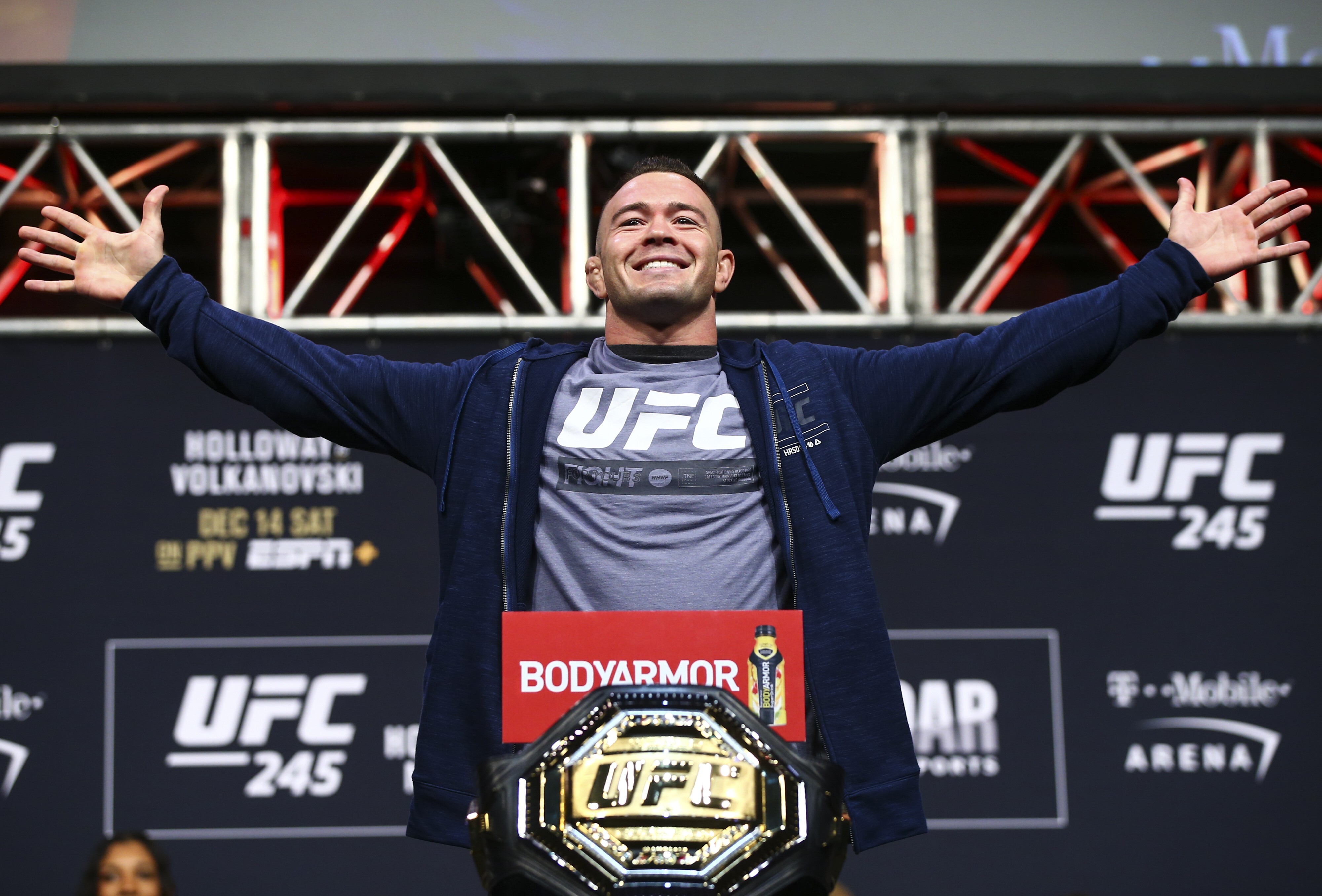 Colby Covington poses during the ceremonial weigh-in ahead of his fight against Kamaru Usman at UFC 245. Photo: AP