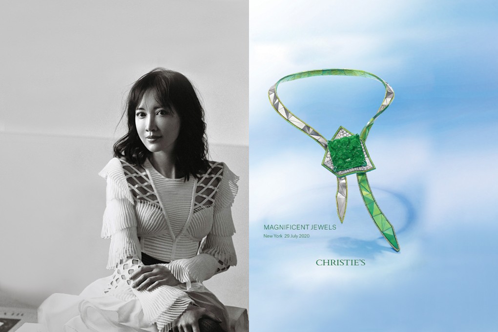 Anna Hu and her spectacular “Sky Tower” jadeite necklace that graces the catalogue cover of Christie’s Magnificent Jewels sale in New York on July 29.